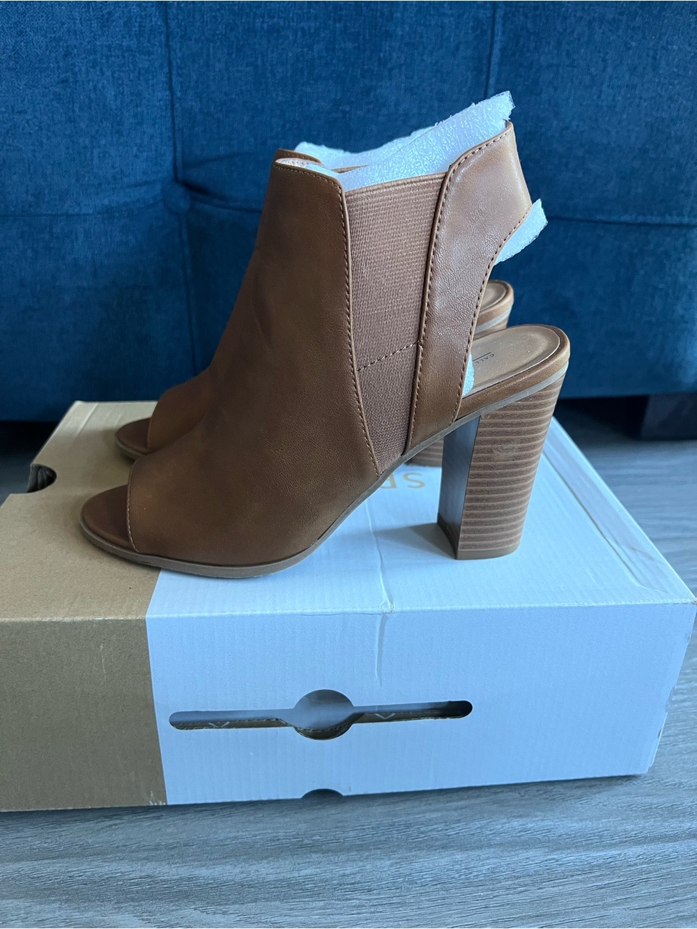 Call It Spring Tan Peep-Toe Stacked Heel Mules - Picture 6 of 10
